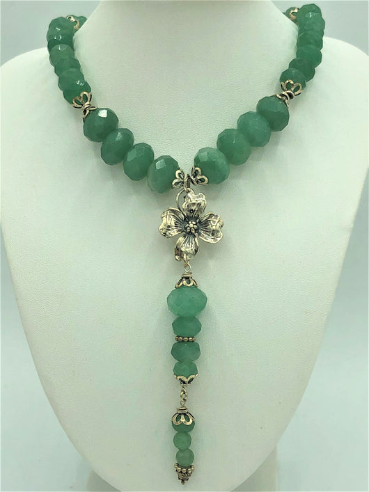 Jade & Silver Dogwood Pendant Necklace